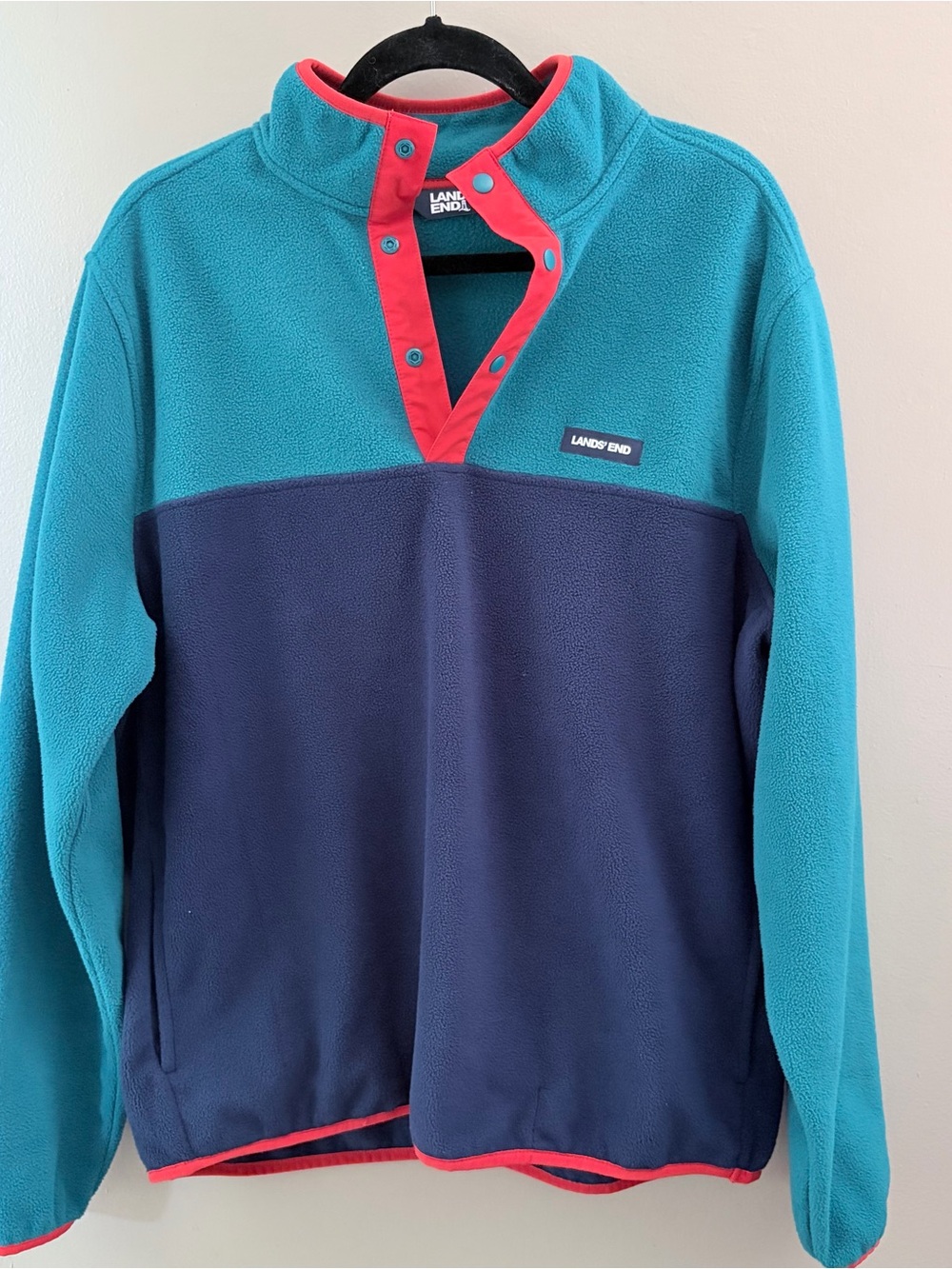 Lands' End Men's Fleece Pullover Snap Neck Colorblock Teal Blue Bright Orange